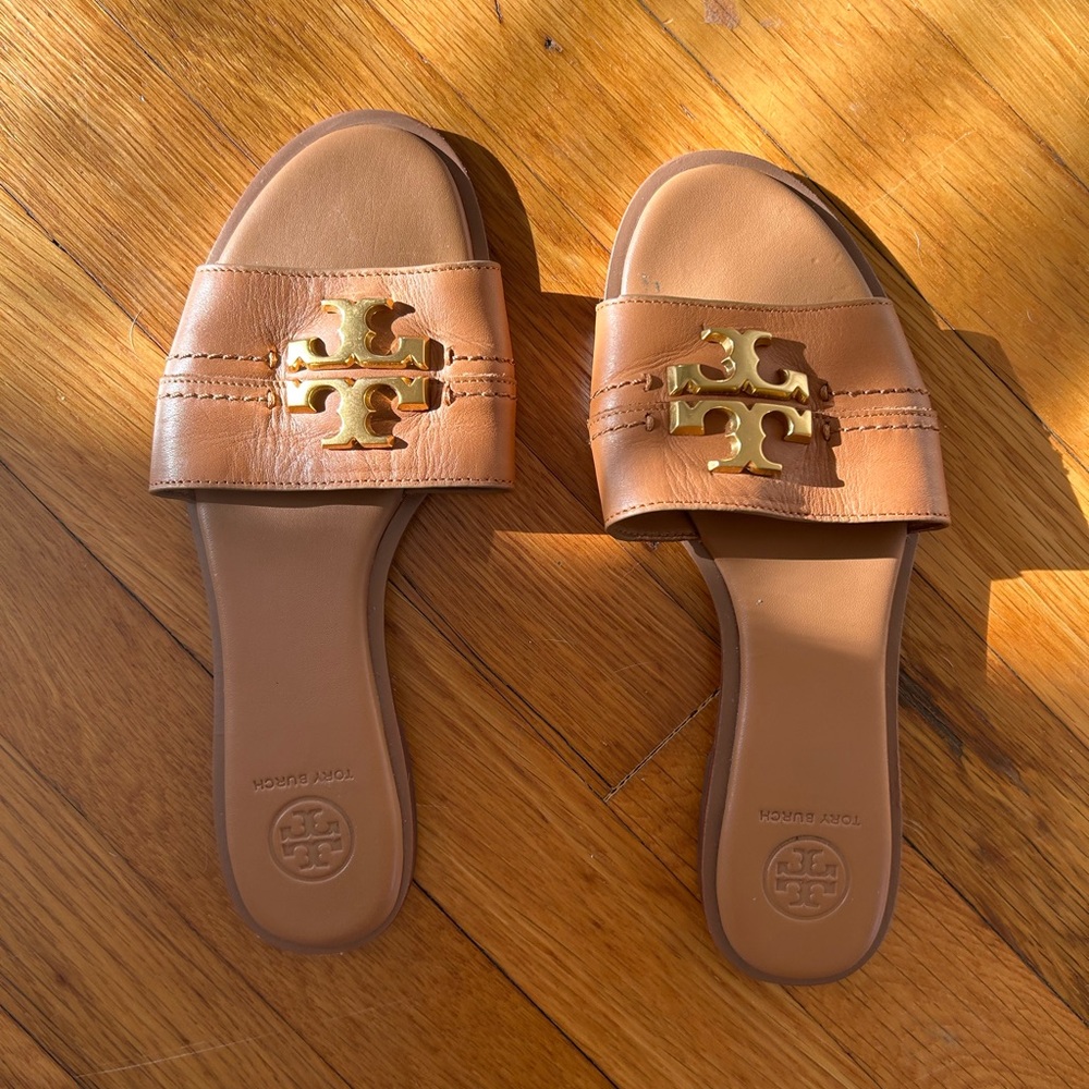 Tory Burch tan and gold slides
